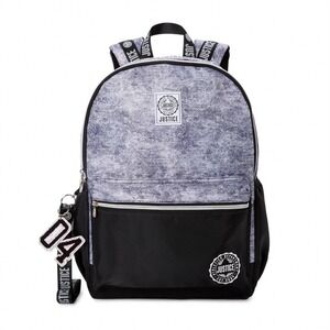 Backpack 17" Justice Metallic Print Silver Gray Black Zip with Lanyard Keychain